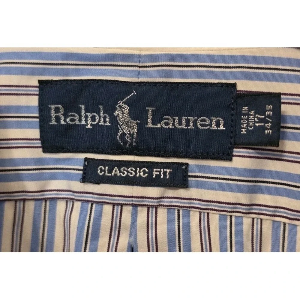 Ralph Lauren Polo Dress Shirt Classic Fit Mens Size 17 Blue and White Stripes